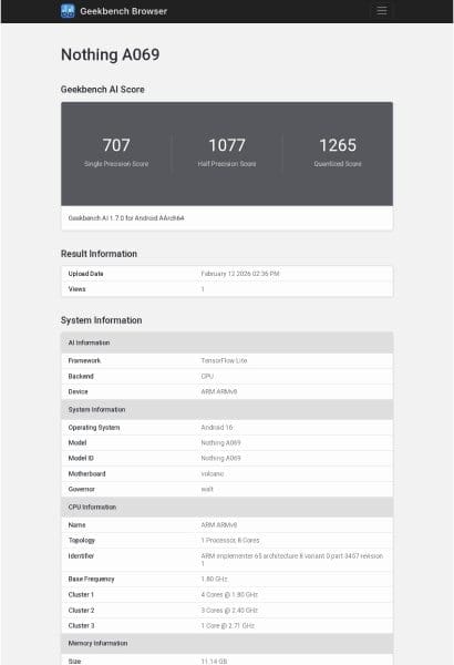 Hasil Geekbench Nothing Phone 4a menampilkan Snapdragon 7s Gen 4 dan RAM 12GB (Photo: Gizmochina, Nothing)