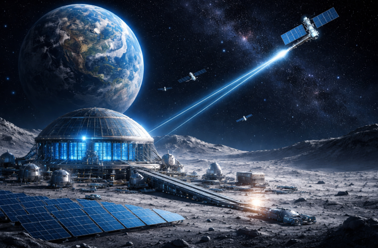 Ilustrasi pabrik di Bulan untuk membuat satelit AI (Photo: The New York Times; xAI)