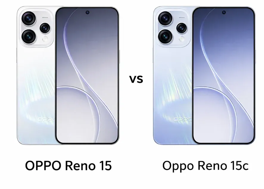 OPPO Reno 15 5G dan Reno 15c 5G bersebelahan menonjolkan perbedaan build dan warna (Photo: Gizmochina; OPPO)