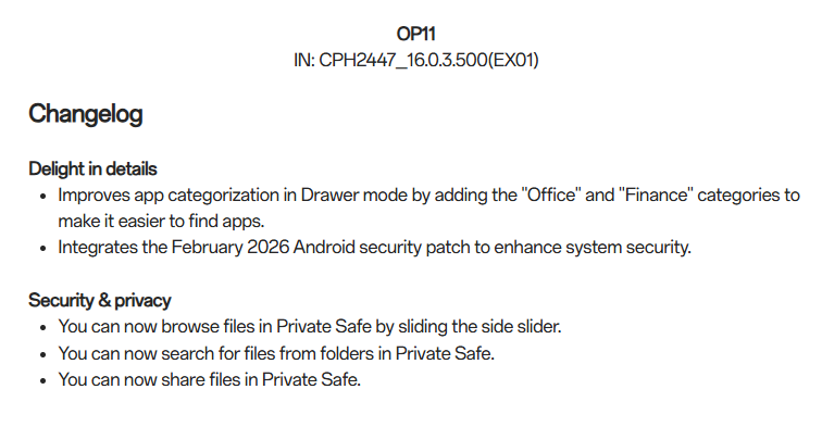 Patch keamanan Februari 2026 di OxygenOS 16.0.3.500 (Photo: OnePlus)