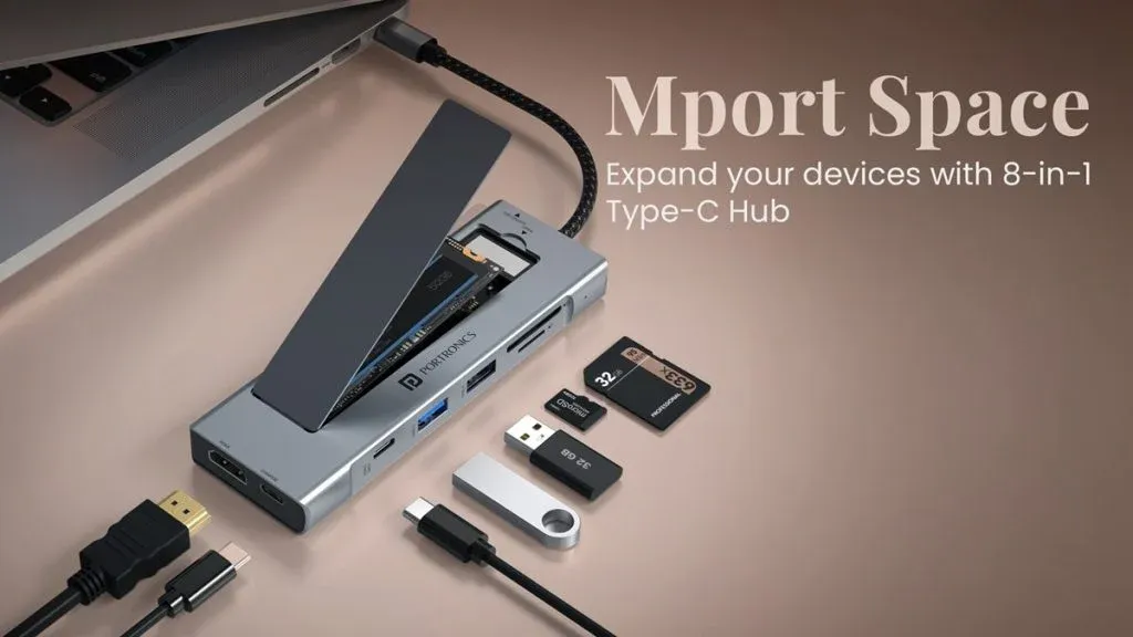 Portronics Mport Space 8-in-1 USB-C Hub tampak depan dengan kabel anyaman (Photo: Portronics, Gizmochina)