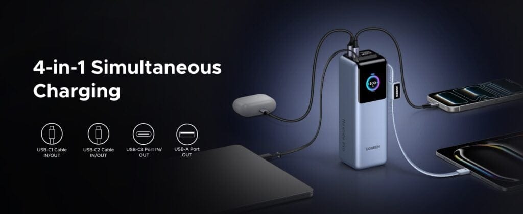 Power bank dengan kabel terintegrasi mencharger laptop dan ponsel sekaligus (Photo: Gizmochina, Ugreen)