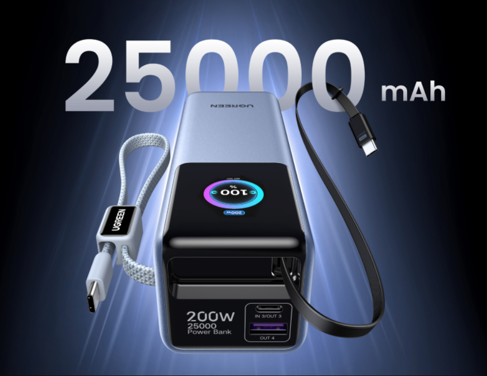 Power bank laptop 25000mAh Ugreen Nexode Pro dengan dua kabel USB-C terintegrasi (Photo: Gizmochina, Ugreen)