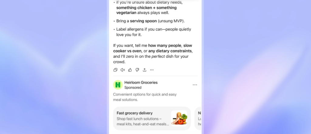 Tampilan contoh iklan di ChatGPT saat ChatGPT uji iklan pada pengguna gratis (Photo: Gizmochina)