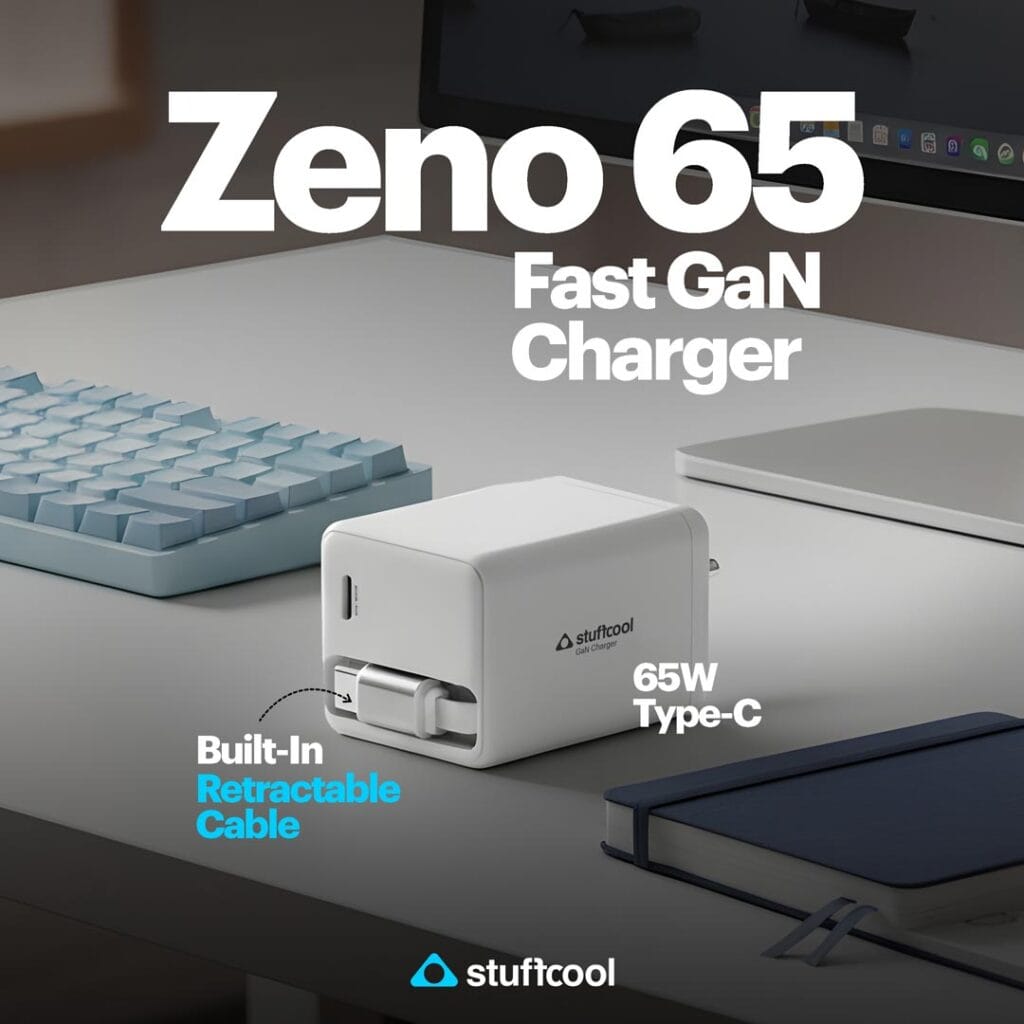 Zeno 65 charger GaN 65W dengan kabel retractable di meja kerja (Photo: Gizmochina, Stuffcool)